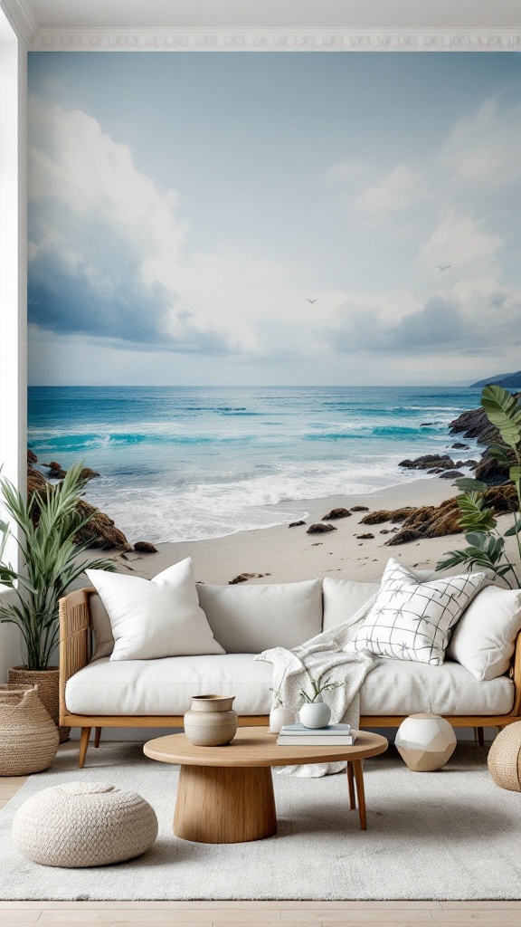 Coastal living room with a beach mural, light-colored furniture, and natural decor.