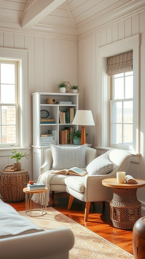 A cozy reading nook with a comfortable chair, bookshelves, and natural lighting.