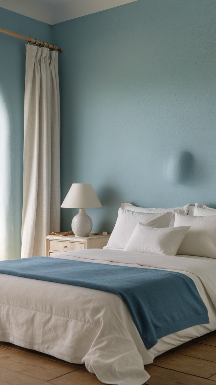 A serene coastal chic bedroom with light blue walls and a neatly made bed featuring white linens and a blue throw.