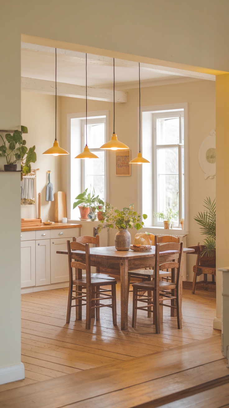 A cozy kitchen with yellow lighting, wooden furniture, and plants, creating a warm atmosphere.