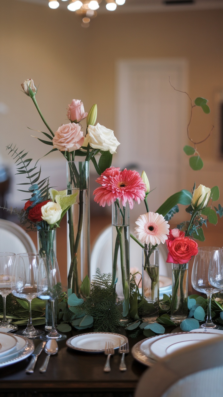 A chic spring tablescape featuring vases of different heights filled with colorful flowers, set on a wooden table.