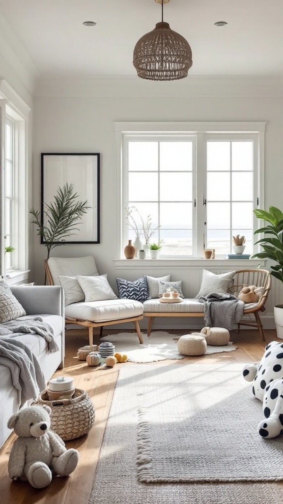 A cozy coastal living room with soft textures and playful decor, perfect for kids.