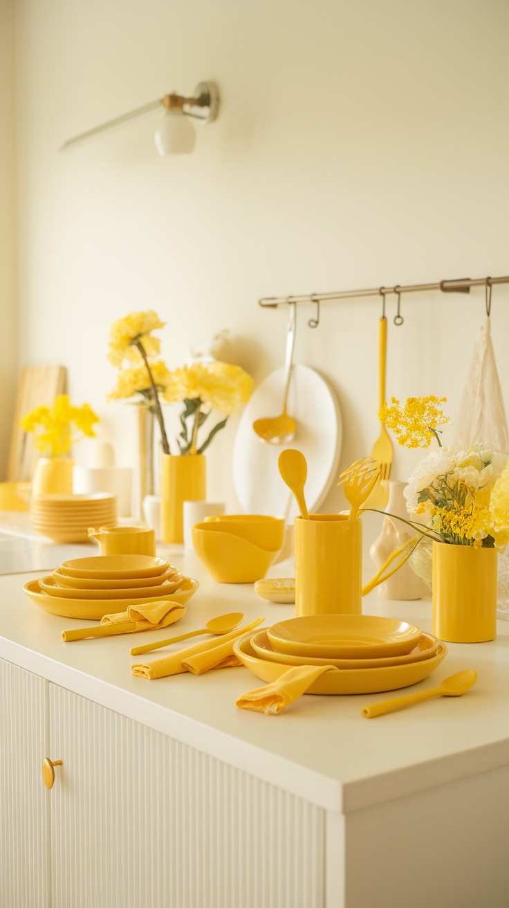 A bright yellow kitchen display featuring plates, utensils, and flowers.