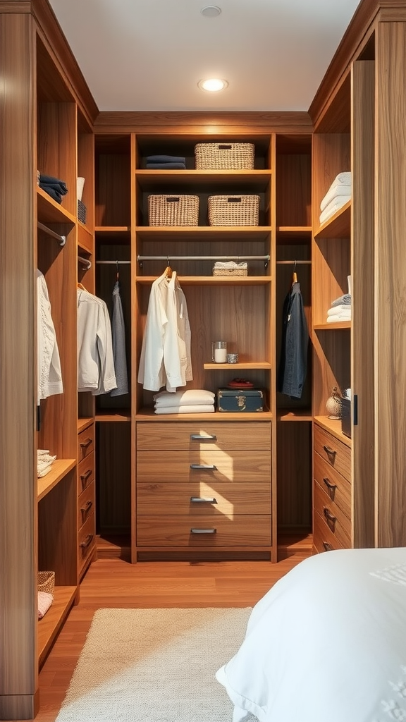 A cozy coastal-inspired closet with wooden shelves, white clothing, and a bright, airy atmosphere.