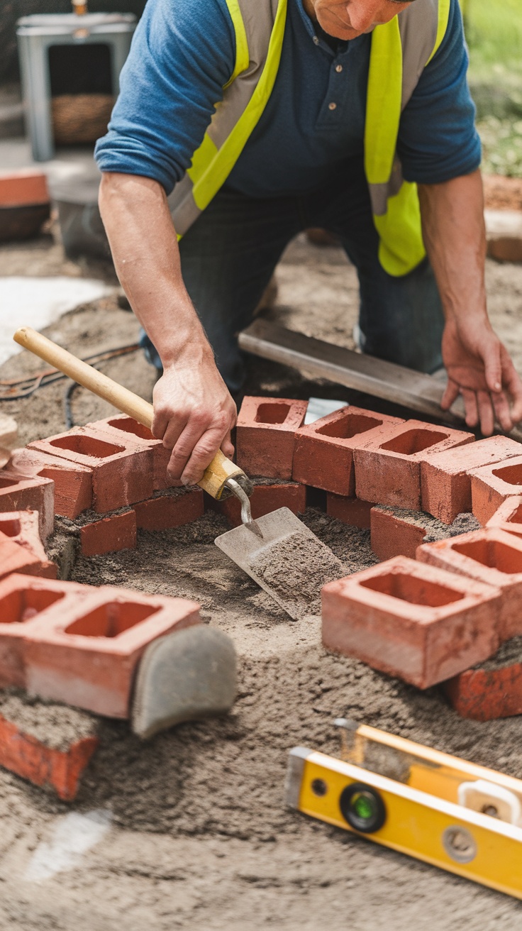 A person building a fire pit with red bricks and tools.