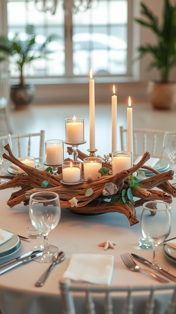 A beautifully arranged driftwood centerpiece with candles and greenery on a table.