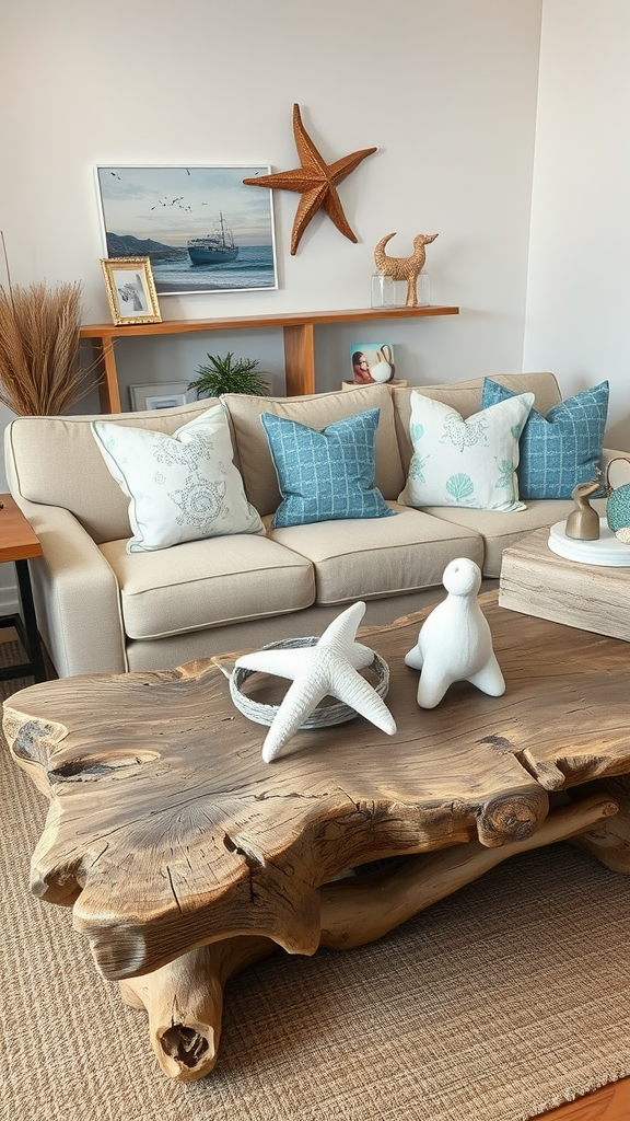 Cozy living room featuring driftwood coffee table, starfish decor, and light-colored sofa with beach-themed pillows.