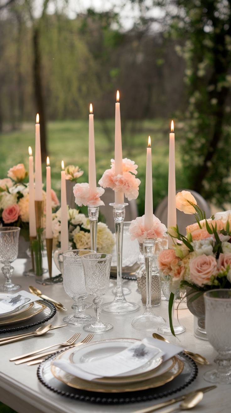 Chic spring tablescape with elegant candle arrangements and floral accents