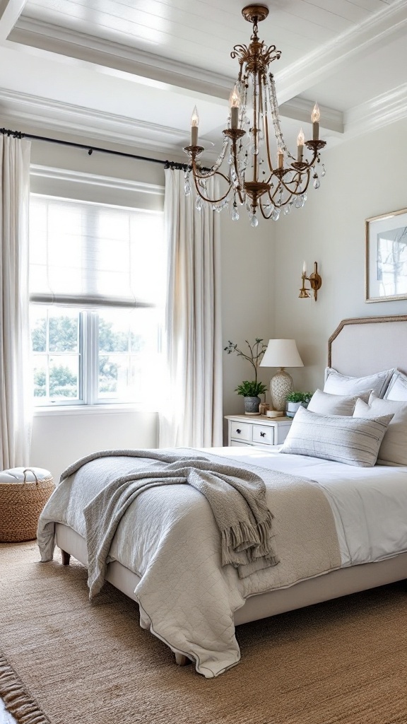 Coastal bedroom with a chandelier and soft decor