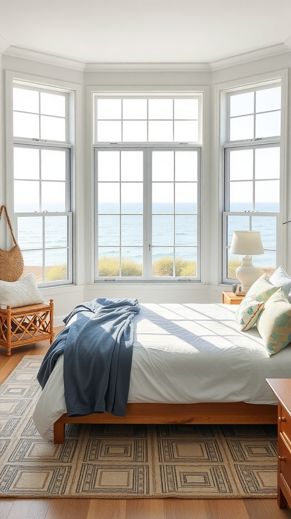 A bright bedroom with a view of the ocean, featuring minimal furnishings.