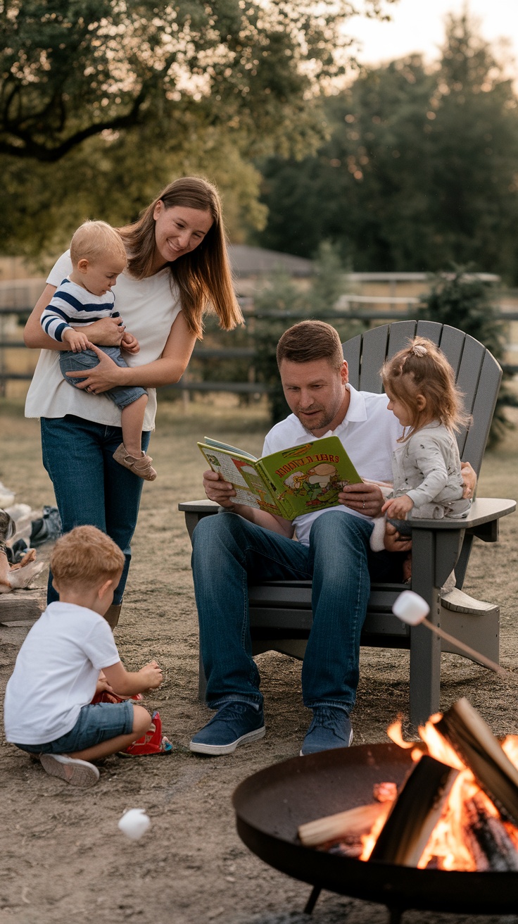 A family enjoying time around a fire pit, roasting marshmallows and reading a book.