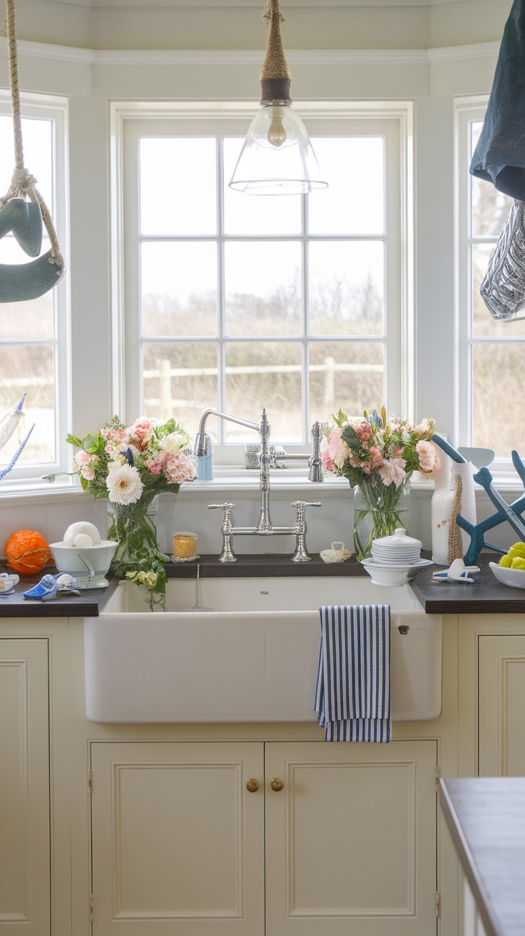 A bright coastal farmhouse kitchen featuring a large farmhouse sink surrounded by flowers, kitchenware, and natural light.