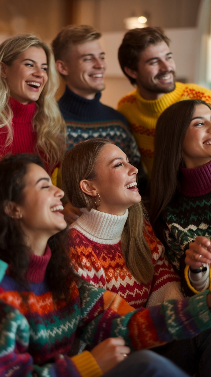 Group of friends smiling and wearing colorful festive sweaters