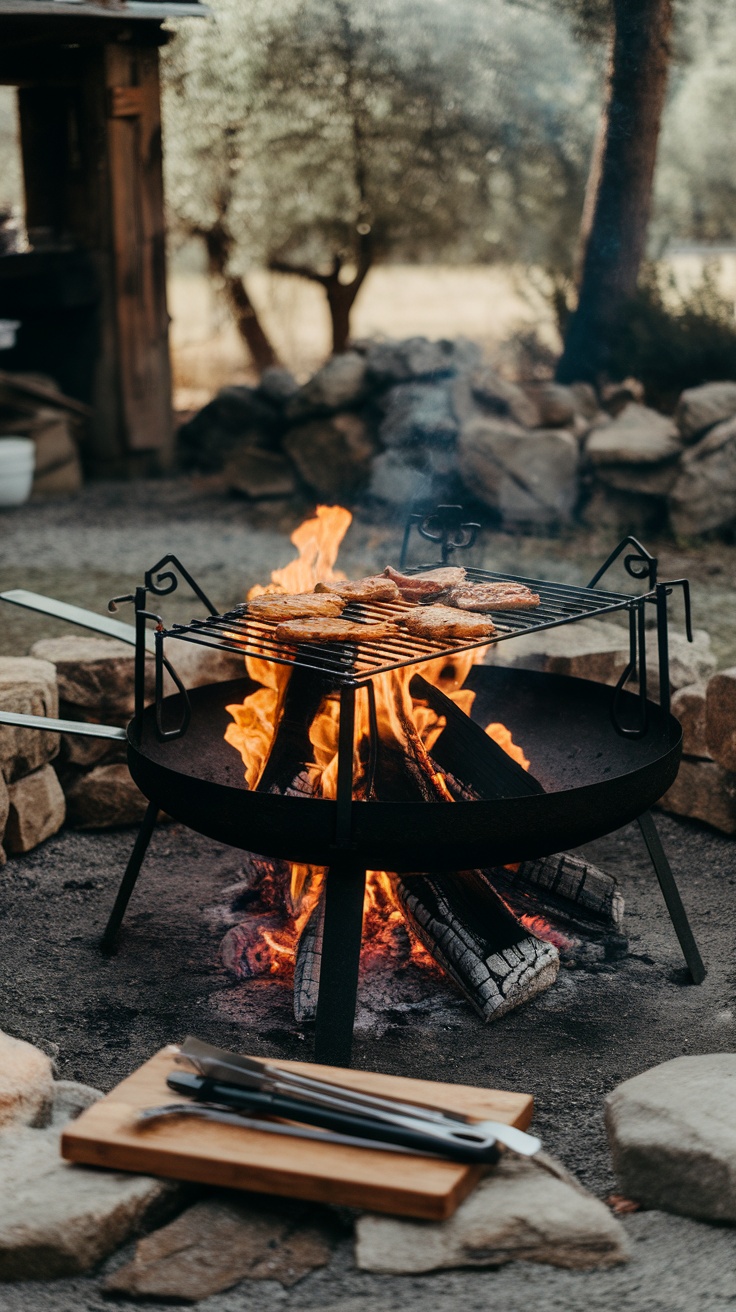 A fire pit with a grill over it, cooking meats, surrounded by stones and a wooded area.