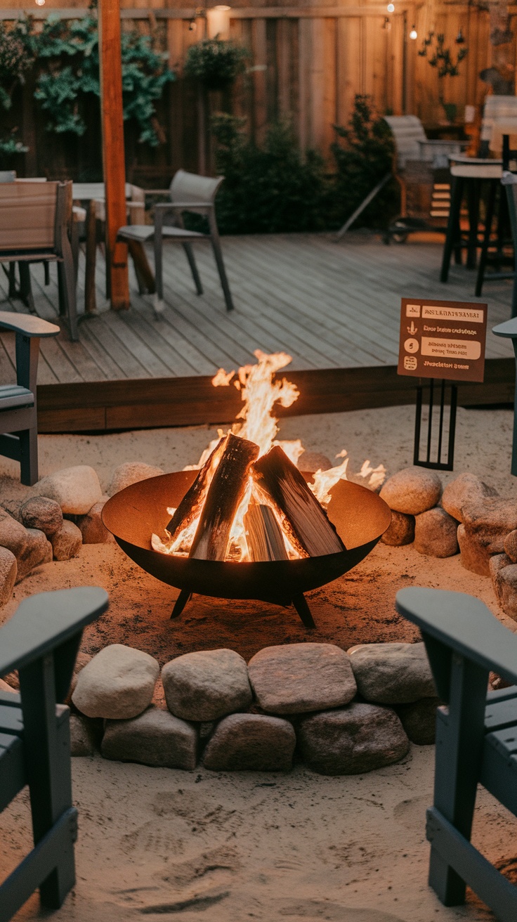 Outdoor fire pit with logs burning in a decorative bowl surrounded by stone seating.