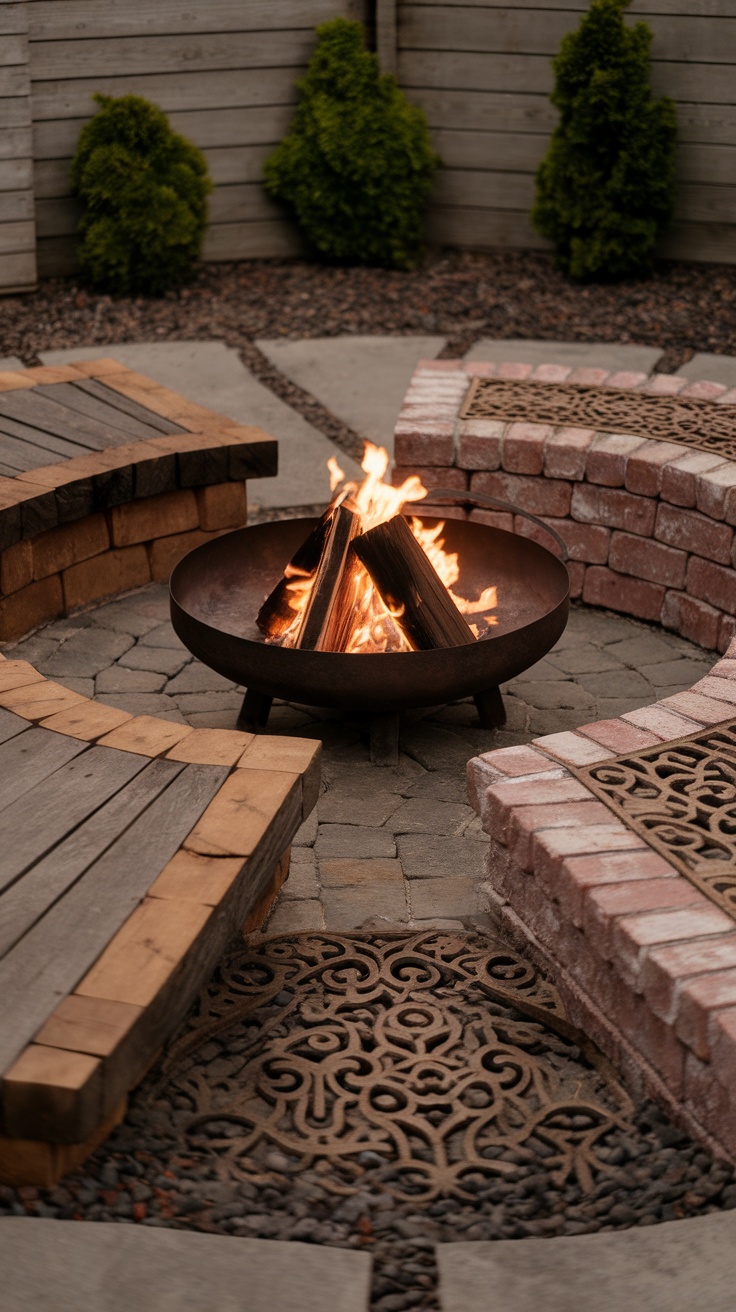 A fire pit surrounded by wooden benches and brick edging, with flames visible in the fire pit.