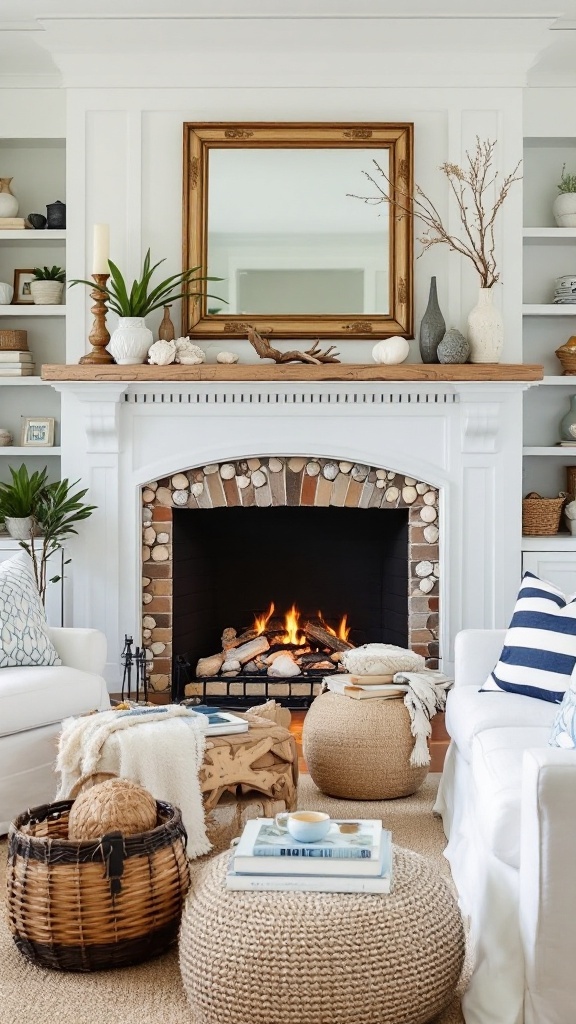 Cozy fireplace in a coastal home with natural decor and soft furnishings.