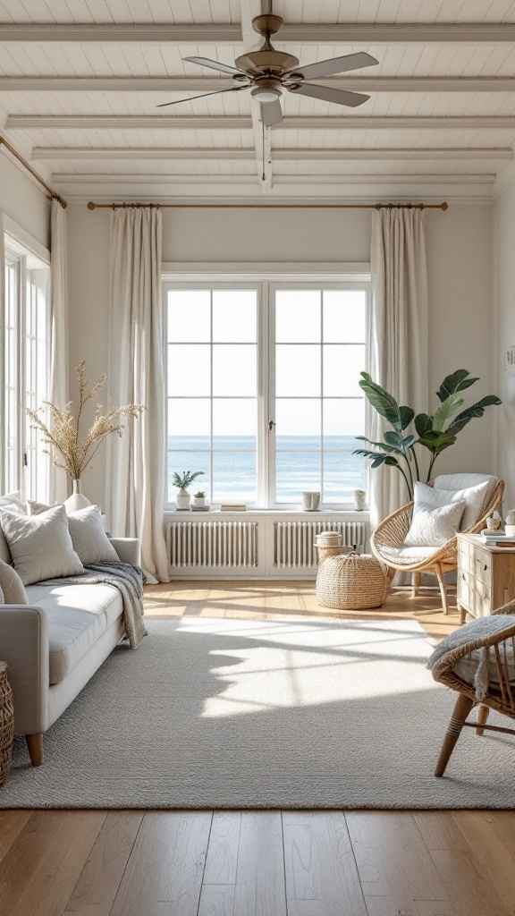 A bright coastal living room with a light hardwood floor, large windows, and comfortable furnishings