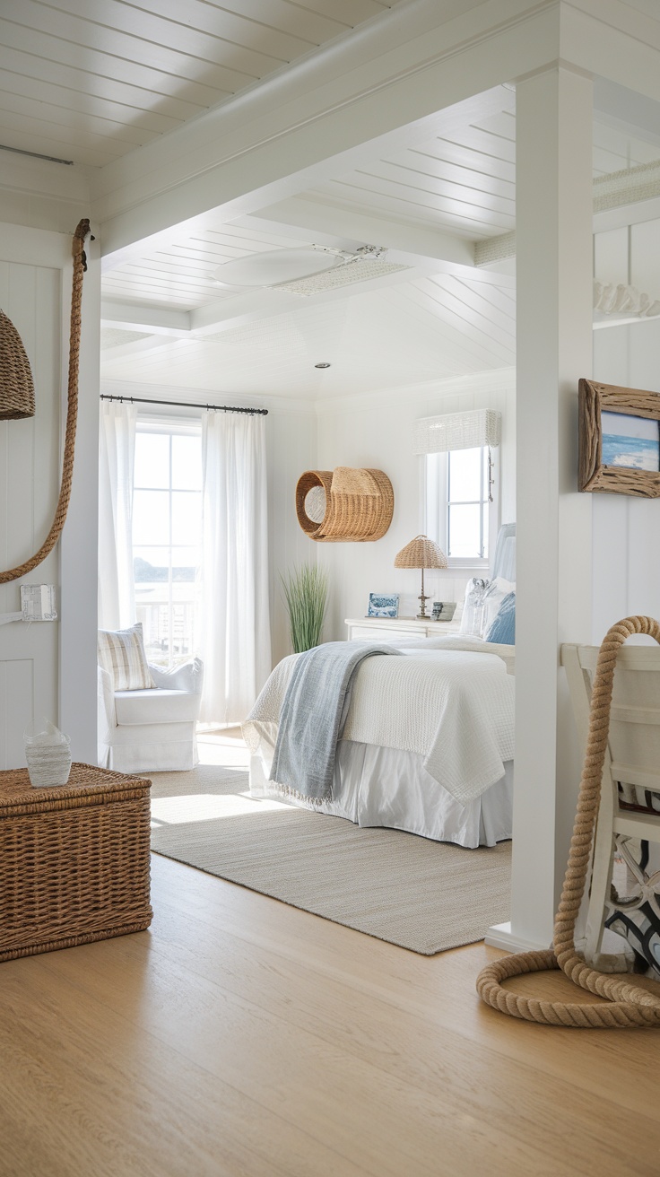 A bright coastal bedroom featuring light hardwood flooring, white walls, and ocean-inspired decor.