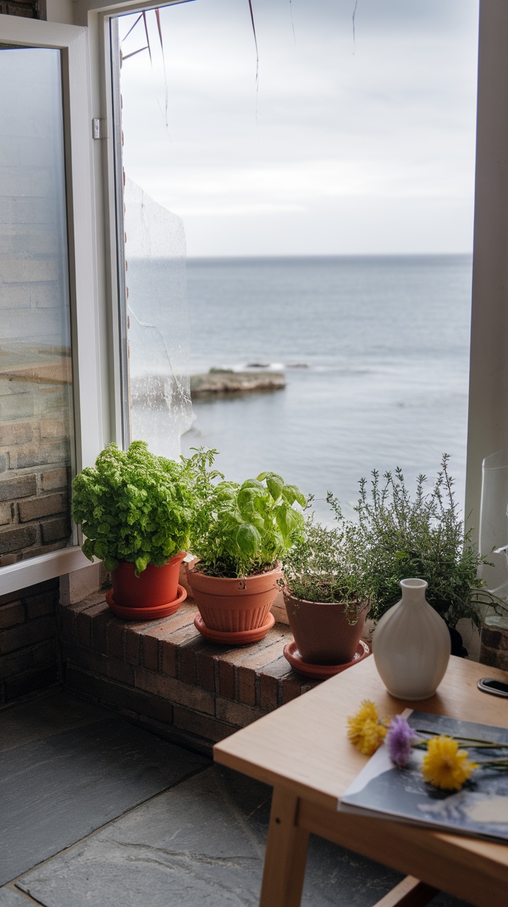 Fresh herbs in pots on a windowsill overlooking the ocean.