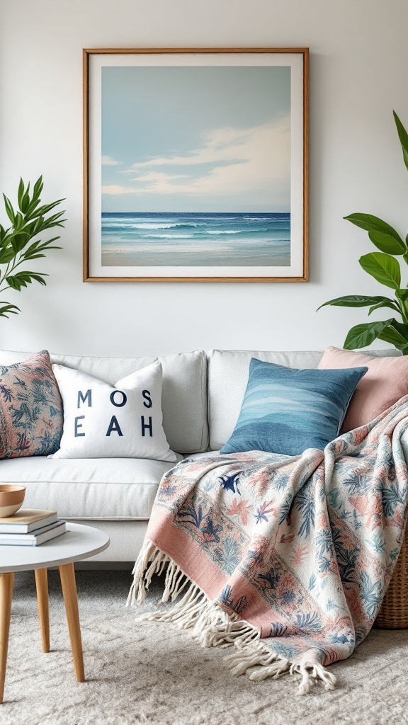 A coastal living room featuring decorative pillows and a patterned throw blanket on a light sofa.