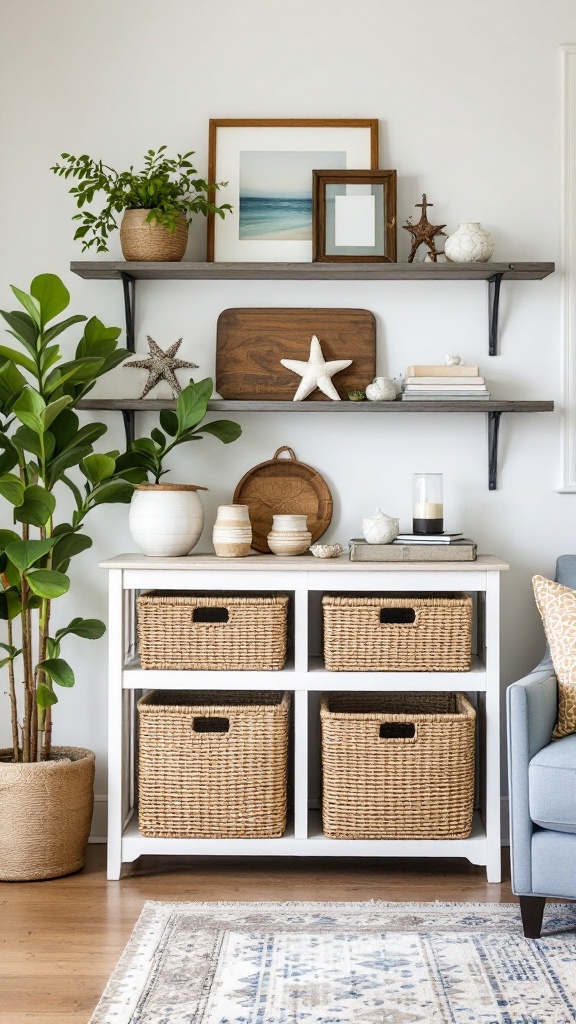 A stylish coastal living room storage setup with woven baskets and decorative elements.