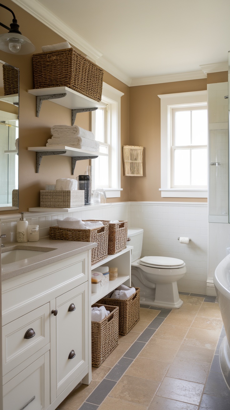 A stylish coastal bathroom featuring open shelves, woven baskets, and neatly arranged towels.