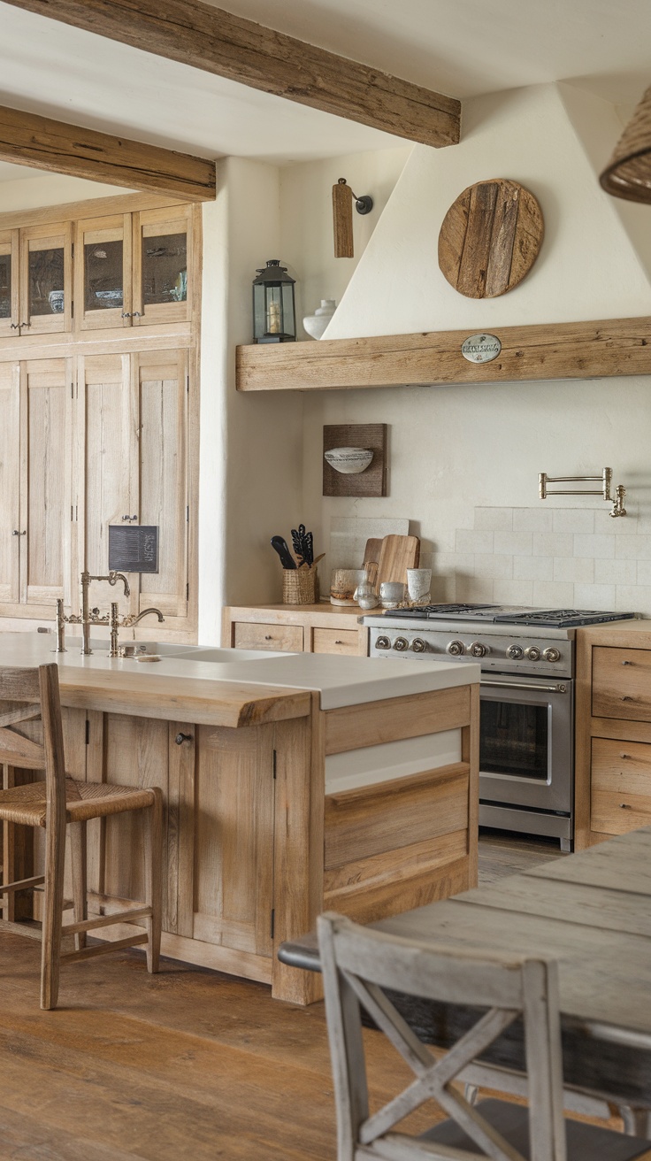 A cozy coastal-style kitchen with wooden cabinets and flooring, featuring a modern farmhouse design.