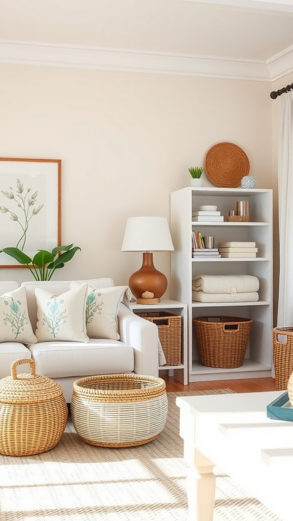 Cozy living room with white couch, woven baskets, and open shelves for storage.