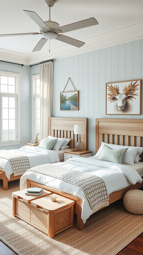 Brightly lit bedroom with two wooden beds, decorative wall art, and a cozy rug.