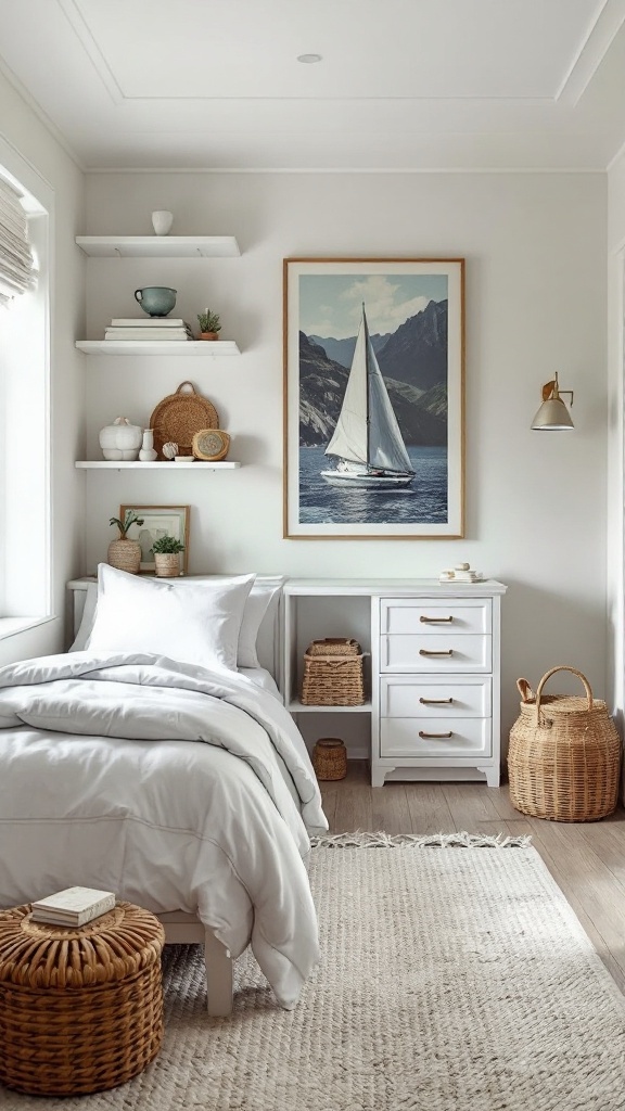 Coastal bedroom with white bedding, storage furniture, and nautical artwork.