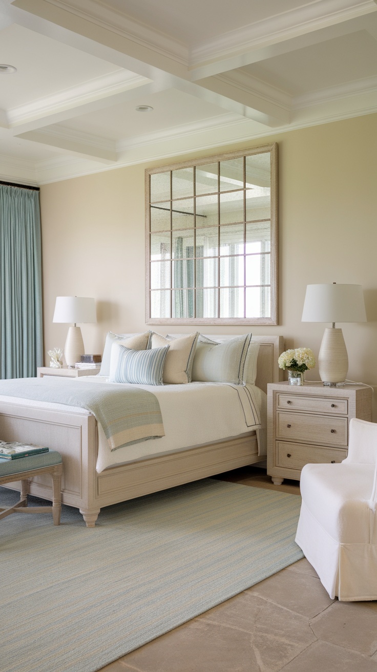 A coastal chic bedroom with light blue accents, a stylish bed, and functional furniture.