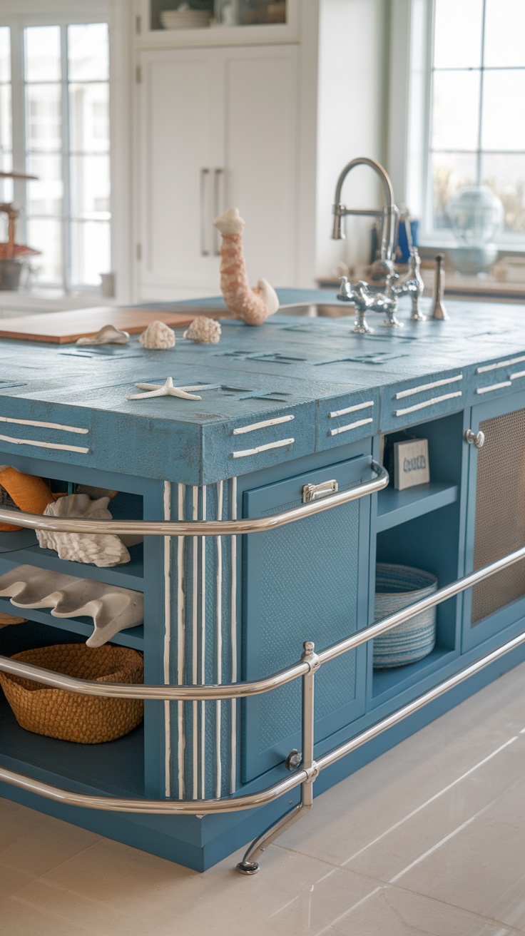 A modern coastal kitchen island with blue color and beach-themed decor.