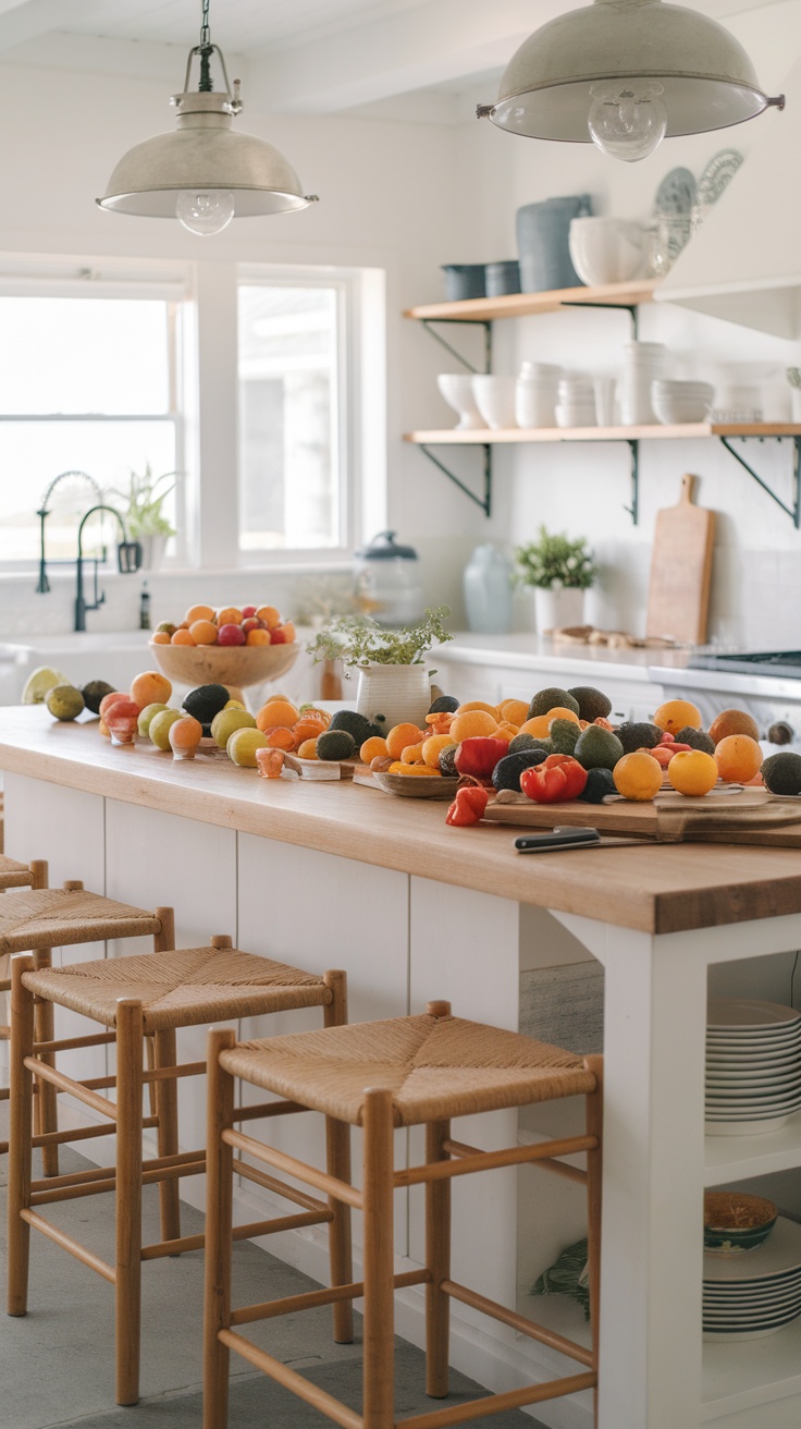 A bright coastal farmhouse kitchen featuring a wooden island adorned with vibrant fruits, surrounded by cozy stools and natural light.