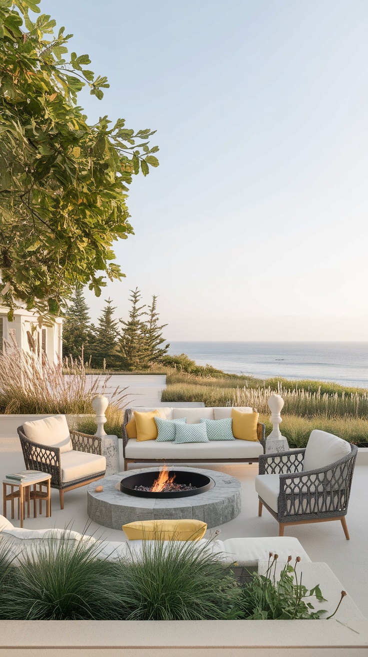 A stylish outdoor seating area featuring a fire pit, surrounded by comfortable chairs and cushions, with an ocean view