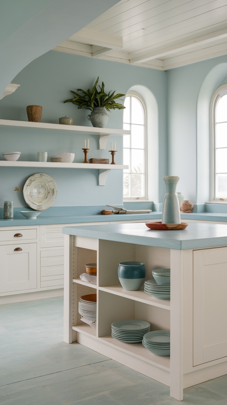 A coastal kitchen with open shelving, light blue walls, and stylish dishware.