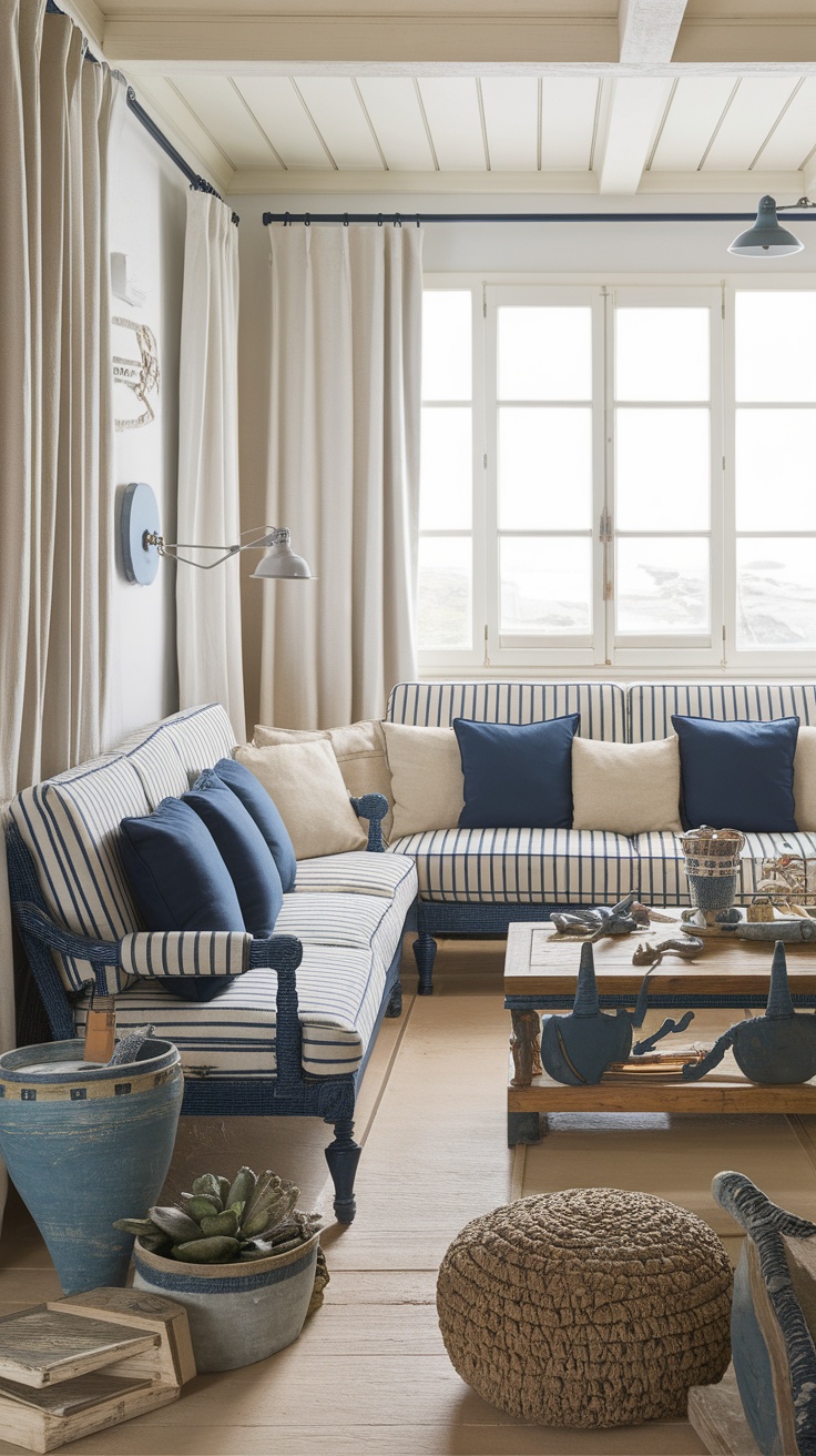 Cozy coastal living room with striped sofas, wooden table, and natural light