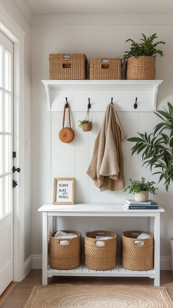 Stylish storage with woven baskets and a shelf in a cozy coastal home interior.