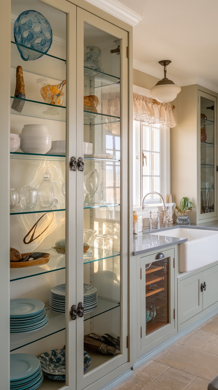 A modern coastal kitchen with glass cabinets showcasing dishware, allowing natural light to reflect and brighten the space.