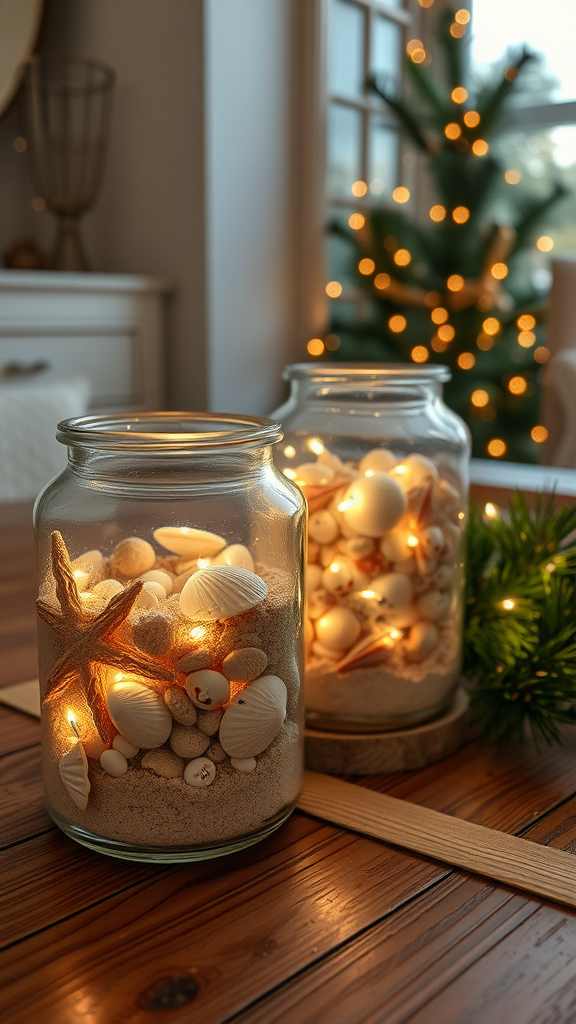 Two glass jars filled with shells and sand, illuminated with soft lights, on a wooden table.