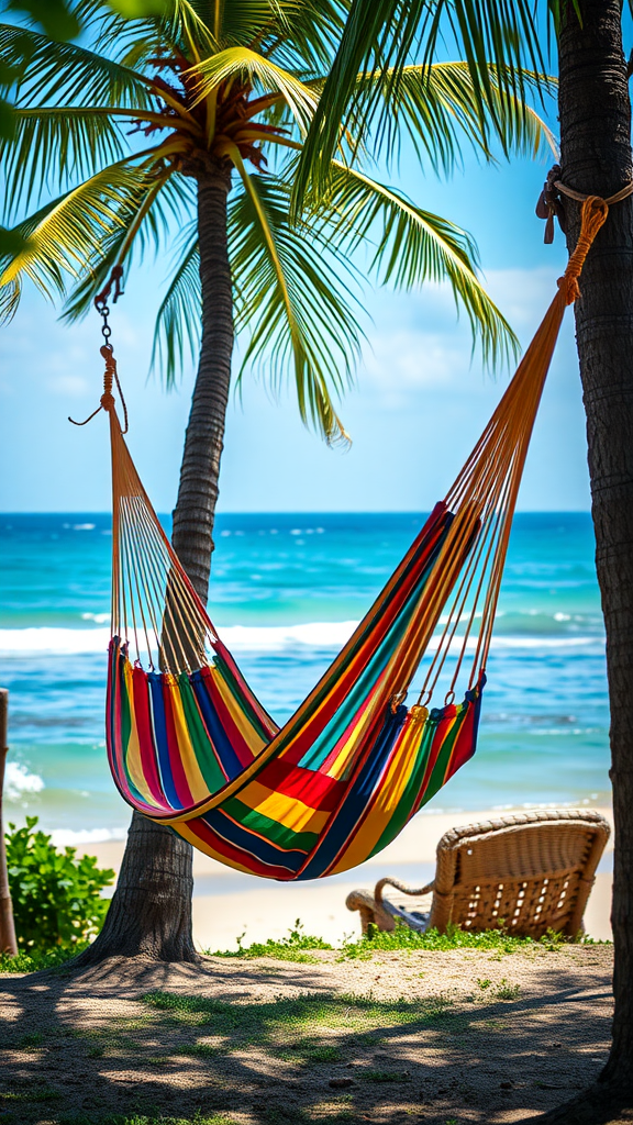 A colorful hammock hangs between palm trees by the ocean, with a wicker chair in the background.