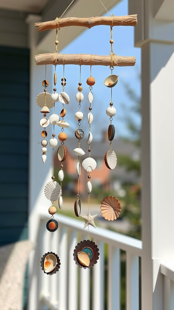 Handcrafted coastal wind chimes hanging outdoors with various shells and beads.