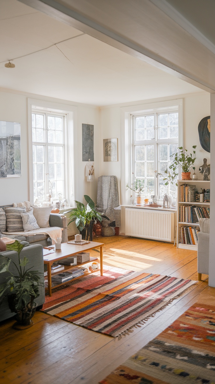 Cozy cottage living room with handmade rugs, plants, and natural light.