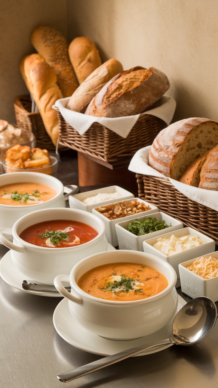 A cozy setup featuring multiple bowls of soup, various toppings, and a selection of fresh breads.