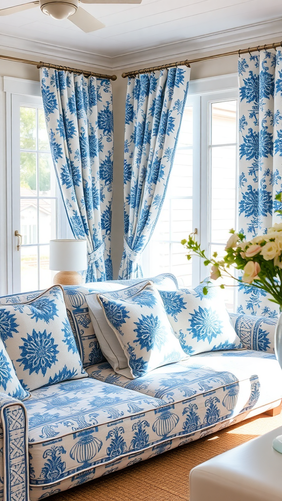 A cozy living room with blue and white patterned curtains and sofa.