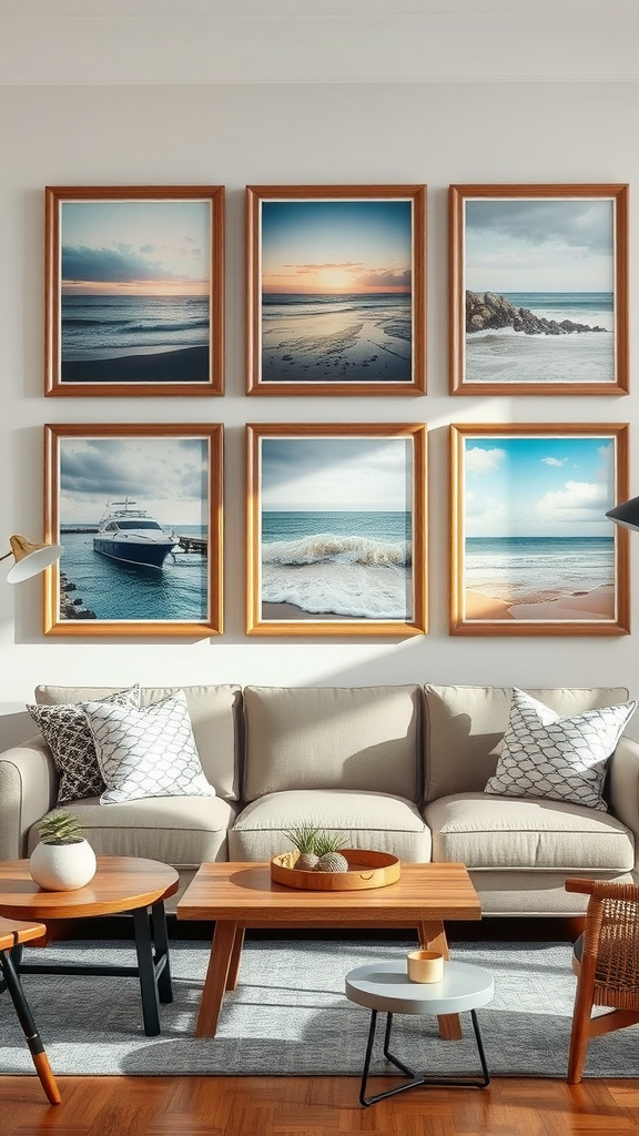 A cozy living room featuring a collection of coastal artwork framed on the wall, with a comfortable sofa and wooden coffee tables.