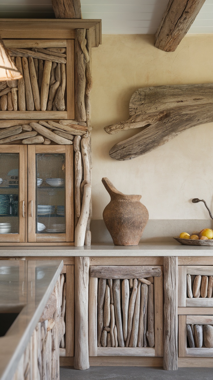 Coastal kitchen featuring driftwood elements and natural decor.