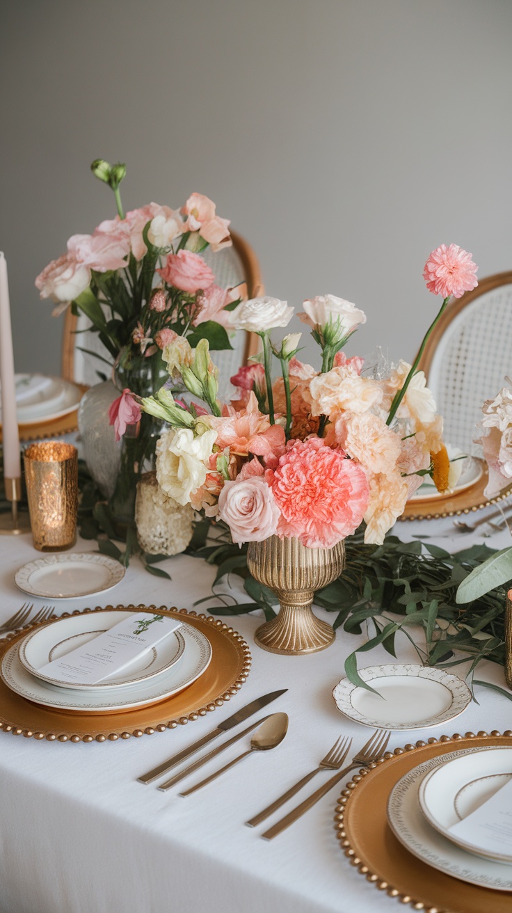 Chic spring tablescape featuring fresh flowers in soft pinks and peaches, elegant table settings with gold accents, perfect for spring parties.