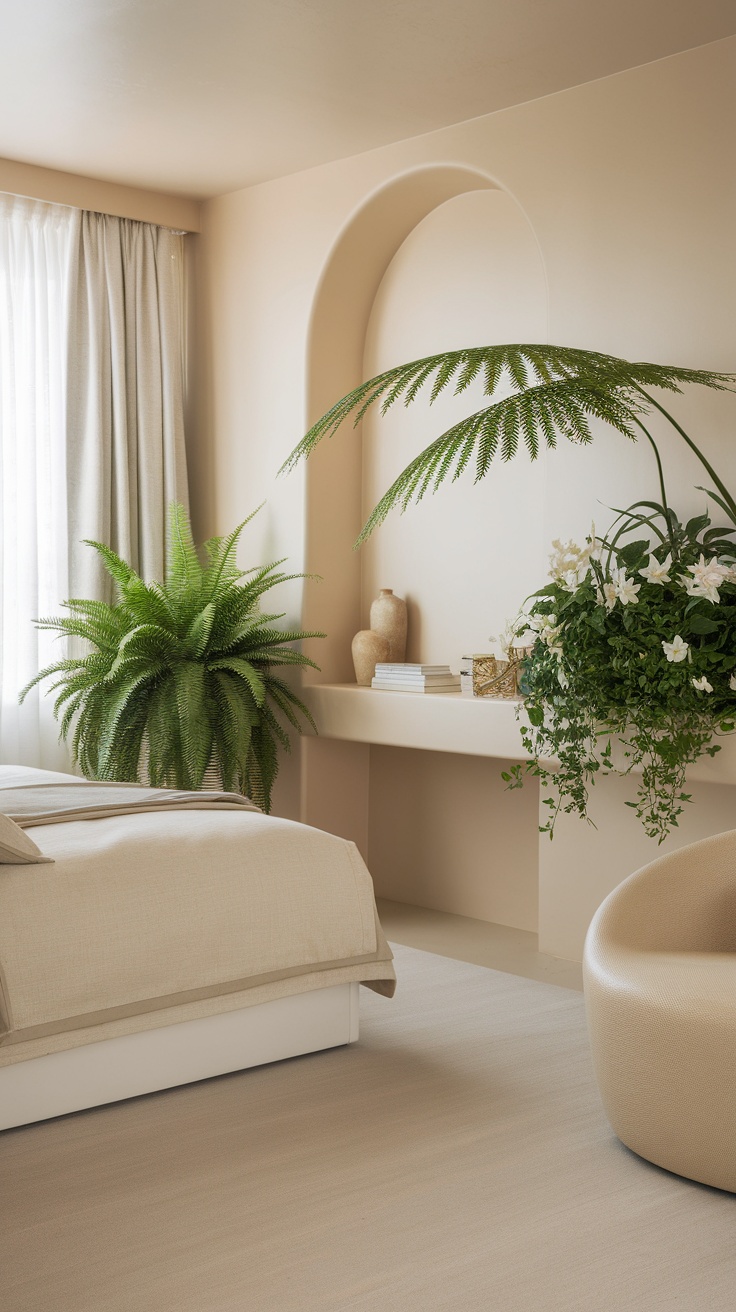 A chic bedroom with indoor plants, featuring a neutral color palette and cozy decor.