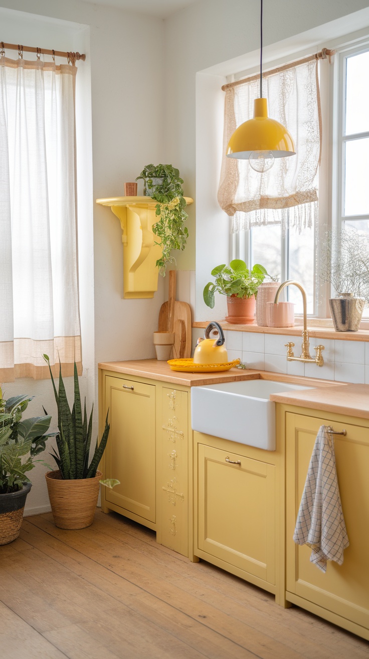 A bright yellow kitchen with plants and wooden decor.
